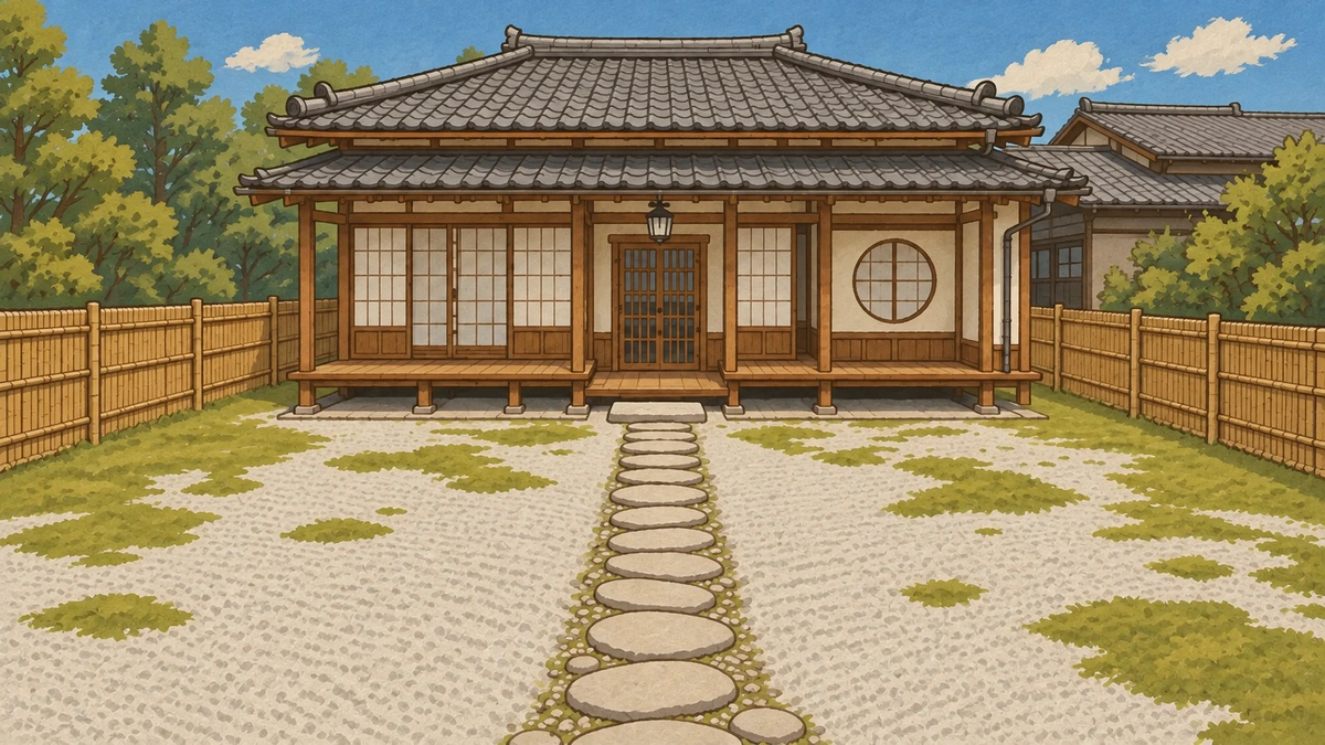 A small Japanese house with a stone path through its garden