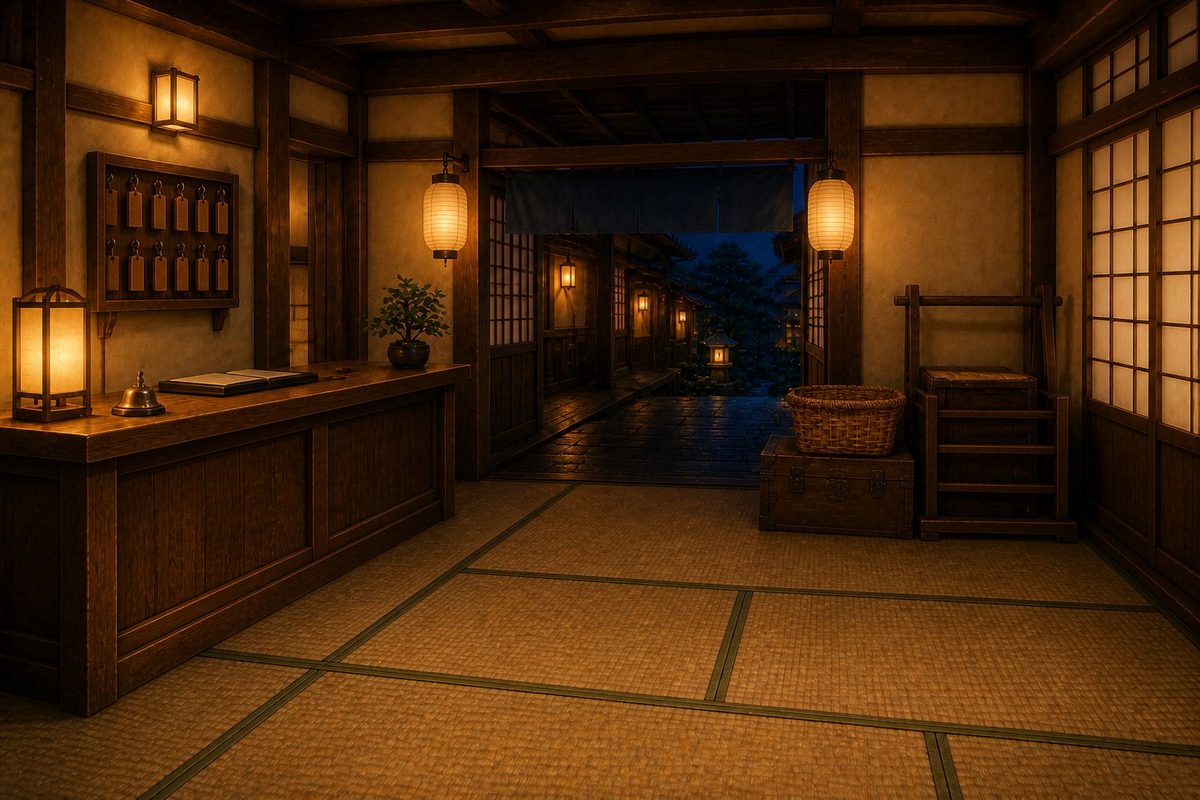The lobby of the Moonview Inn at night